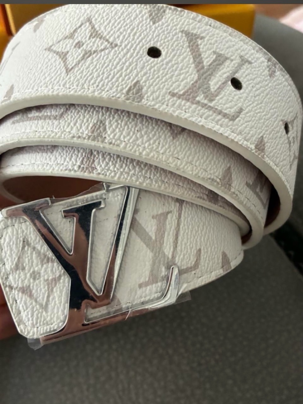 Louis Vuitton White and Beige Monogram Men's Belt with Silver LV Buckle